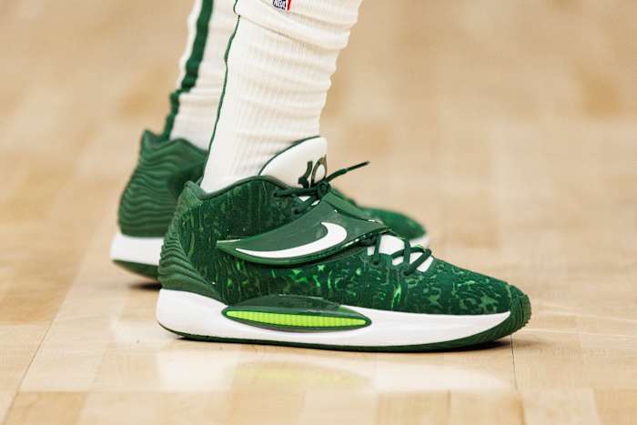 Milwaukee Bucks guard George Hill wears the Nike KD 14 shoes against the Indiana Pacers on December 15, 2021.